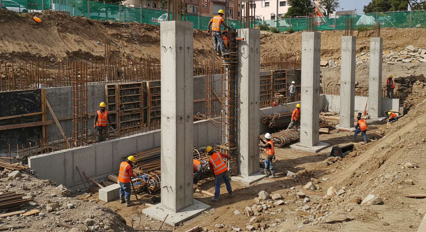 Монтаж железобетонных колонн на строительной площадке