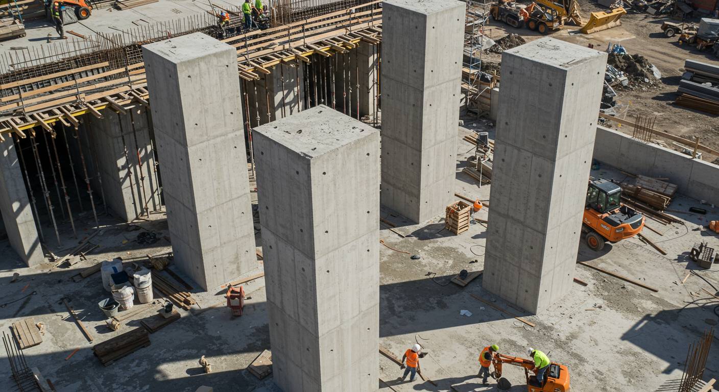 Квадратные монолитные колонны на строительной площадке