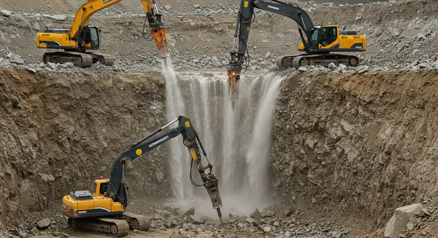 Разработка котлована гидромолотом в скальном грунте