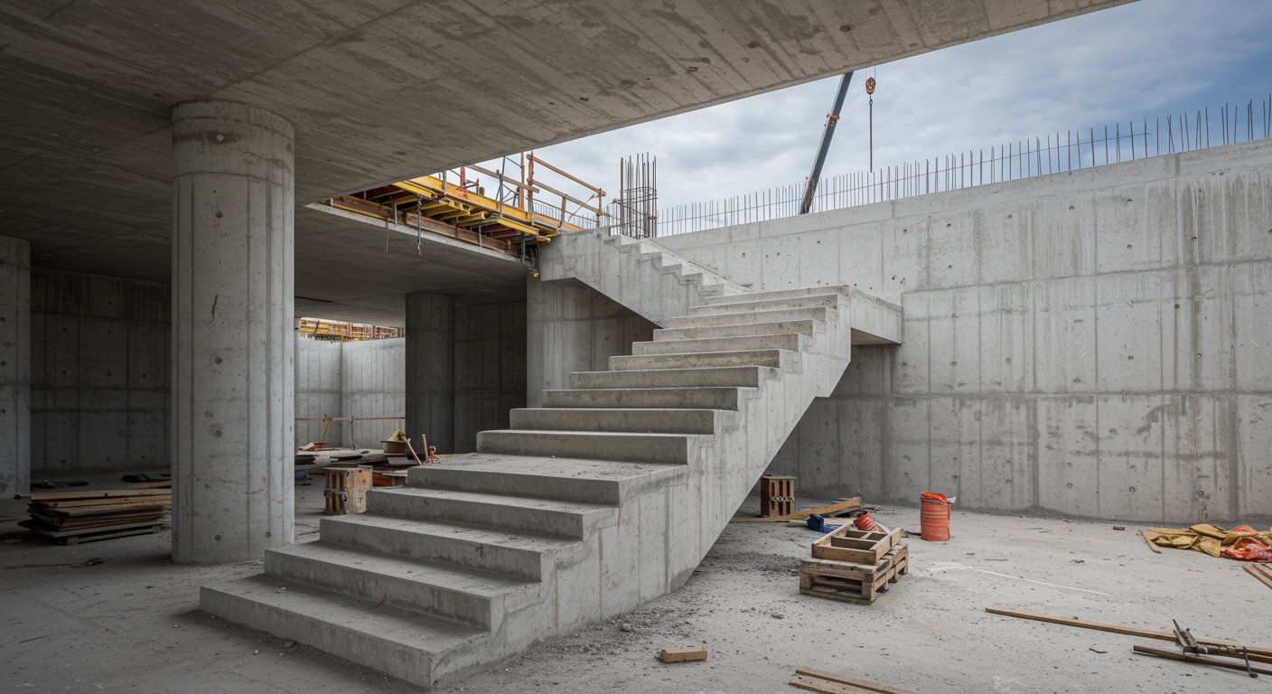 Прямая монолитная лестница на строительной площадке