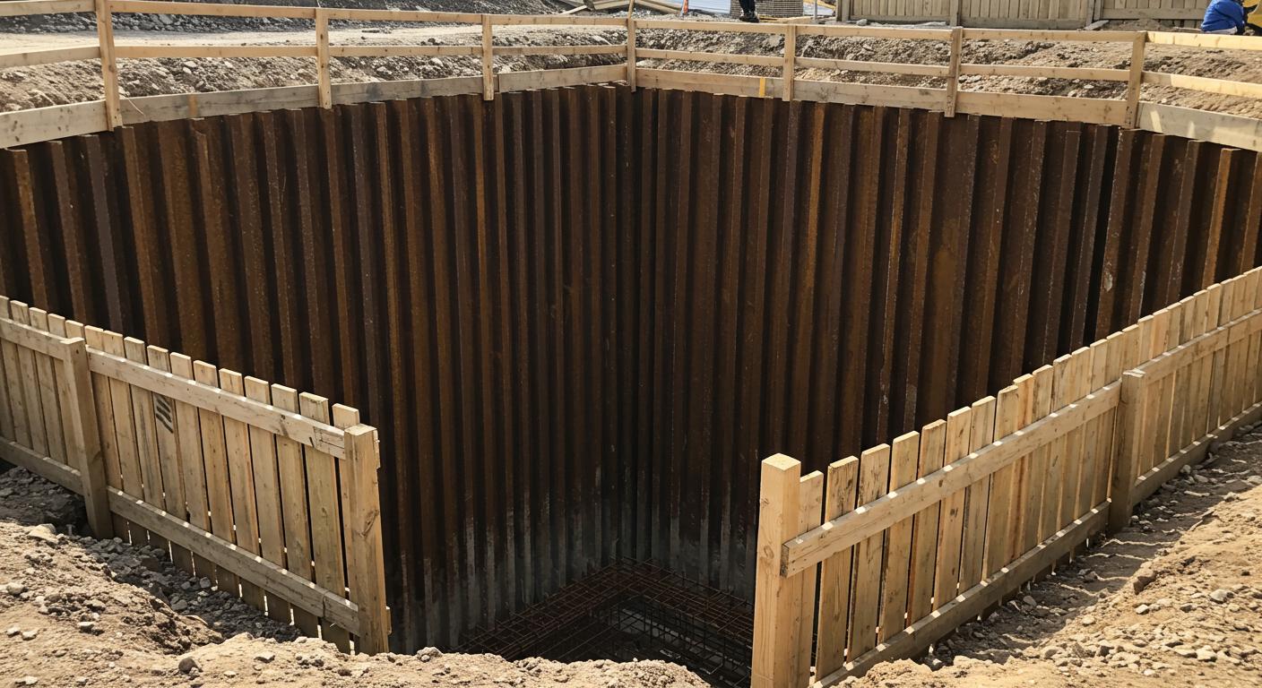 Монтаж деревянного ограждения котлована Деревянное ограждение котлована на строительной площадке