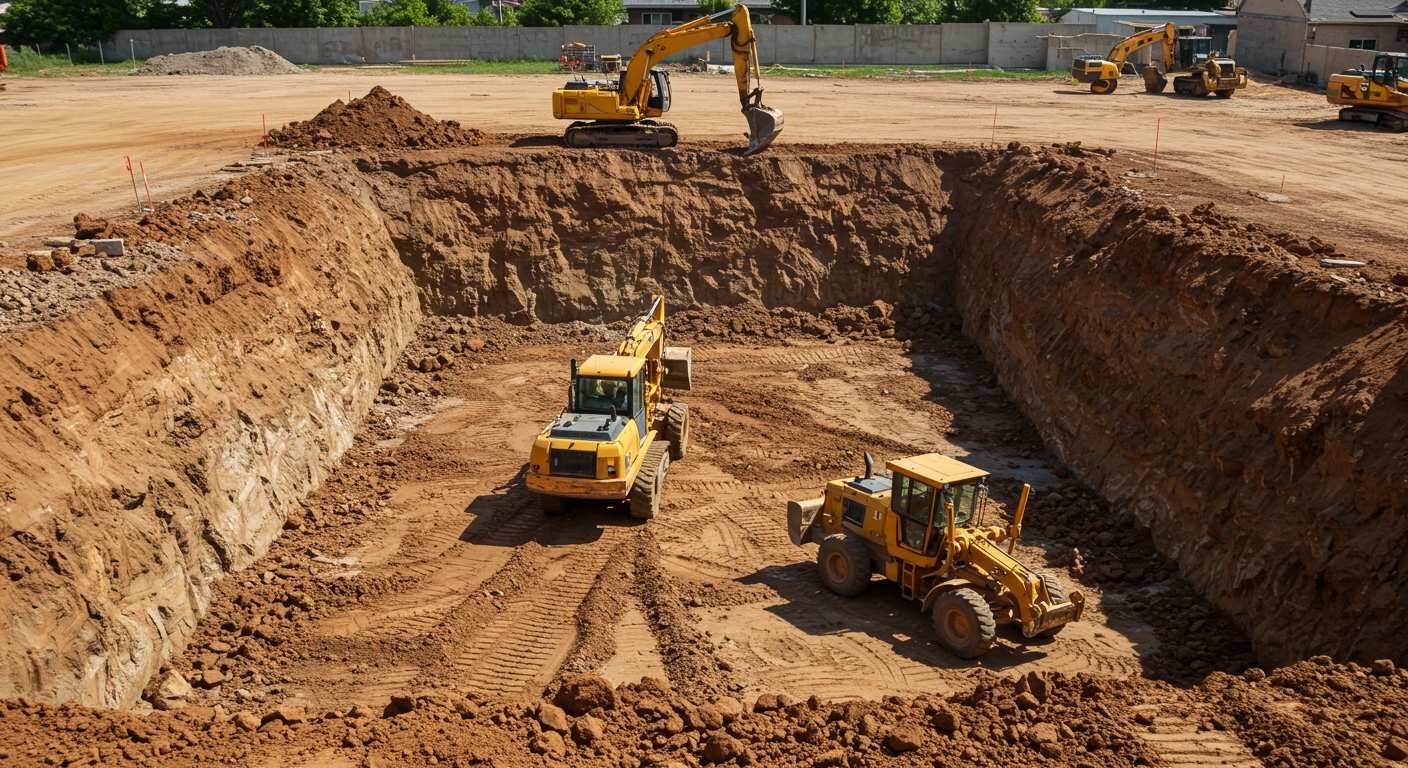 Разработка котлованов грейдерами для подготовки основания