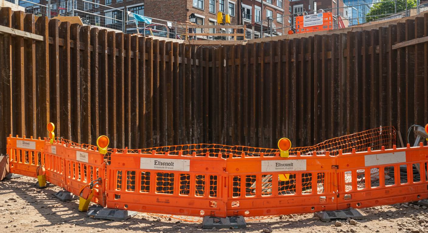 Пластиковое ограждение котлована на строительной площадке