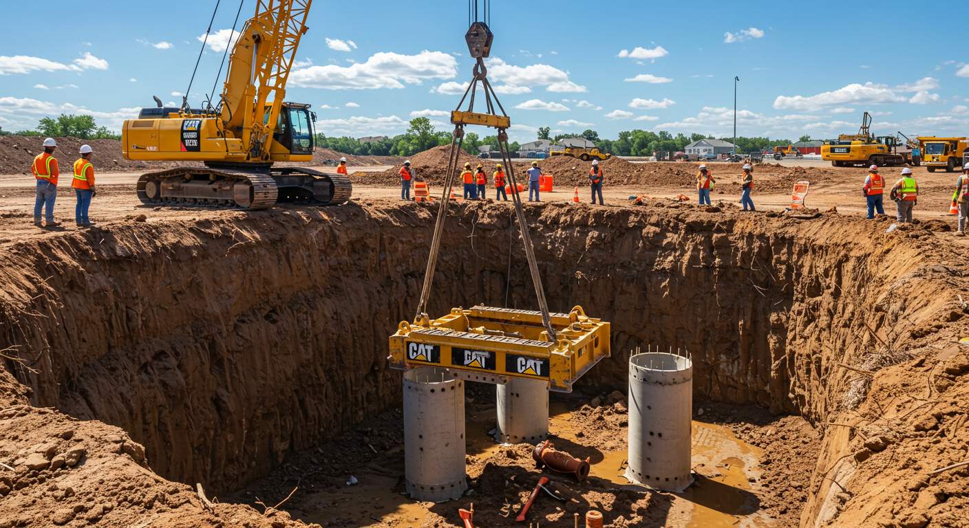 Монтаж гусеничного экскаватора на строительной площадке