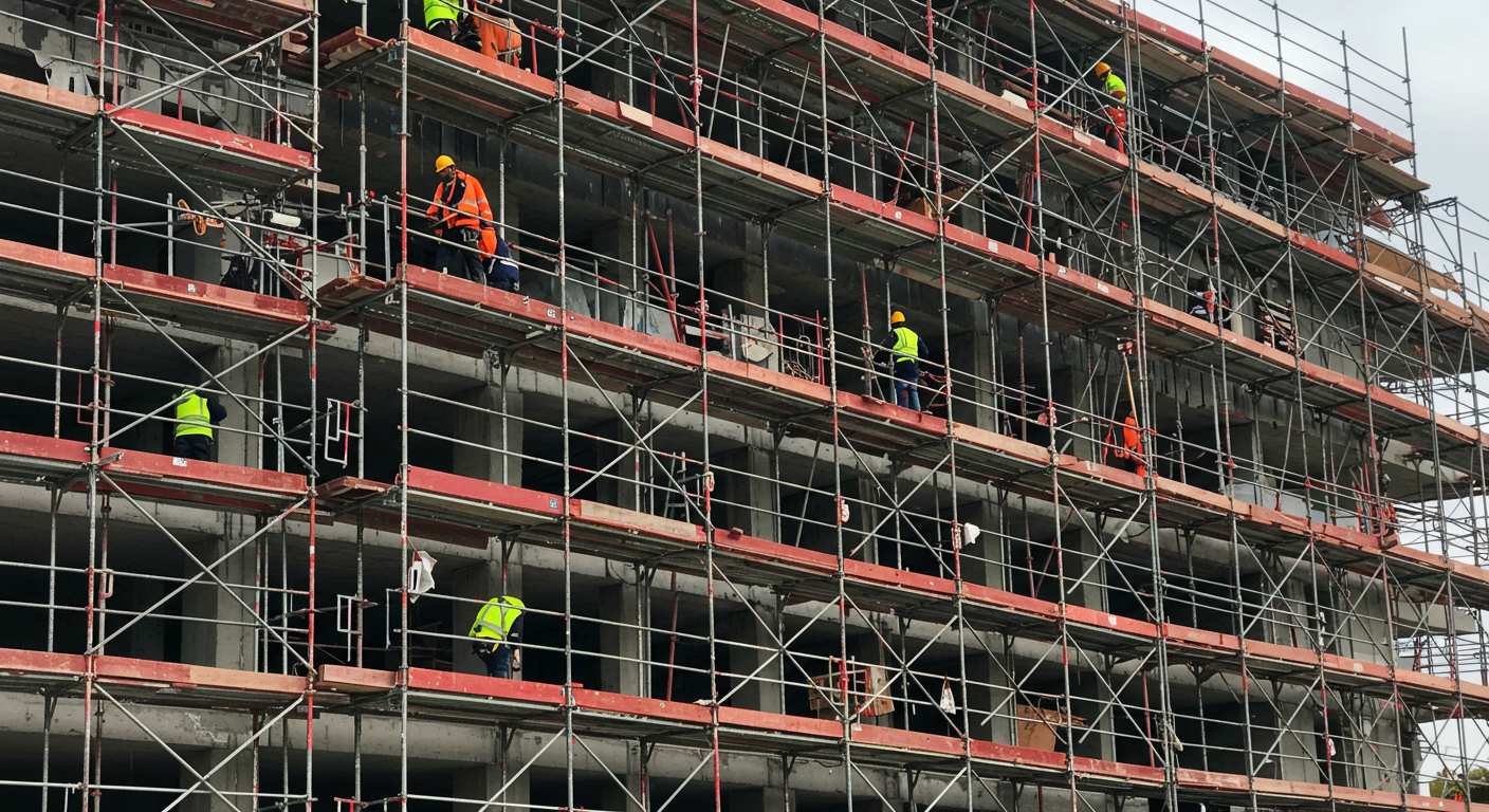 Профессиональный монтаж строительных лесов для высотных зданий Монтаж строительных лесов на высотном здании