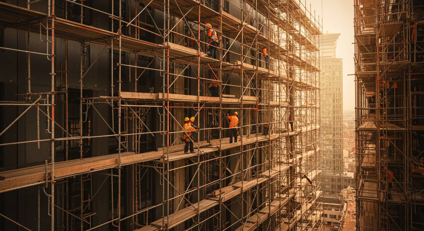 Монтаж клиновых строительных лесов для высотных объектов