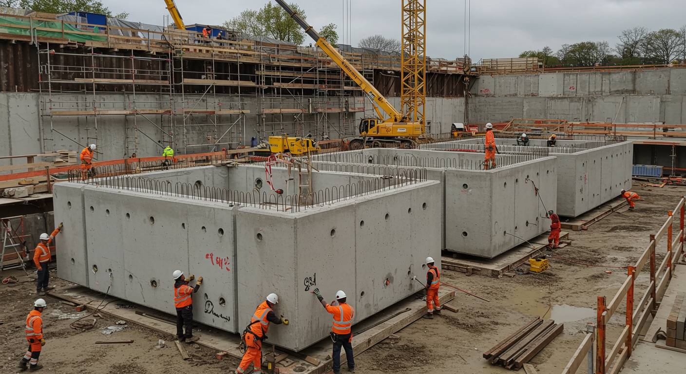 Монтаж цокольных монолитных перекрытий на строительной площадке