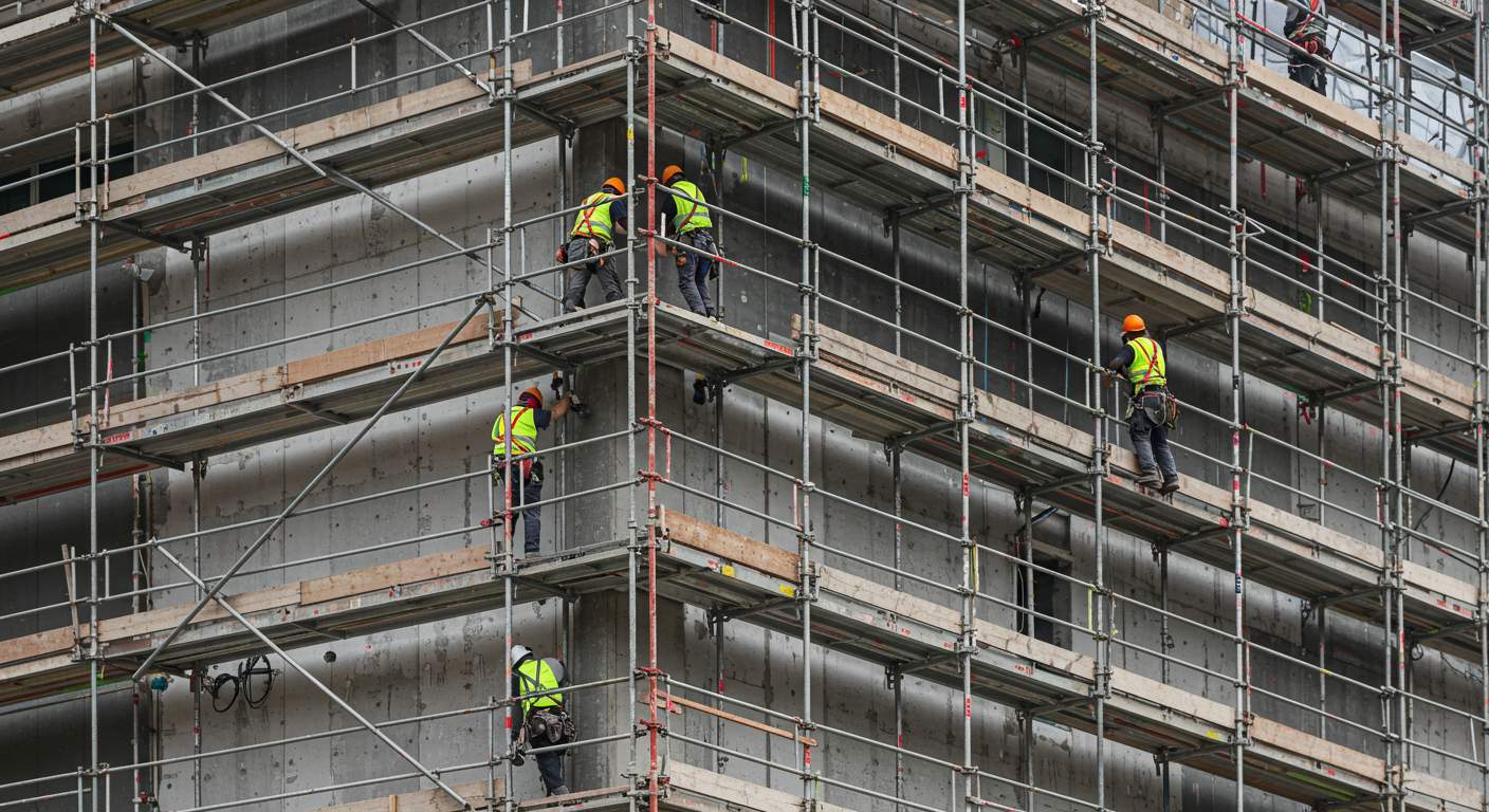 Монтаж клиновых строительных лесов для фасадных работ