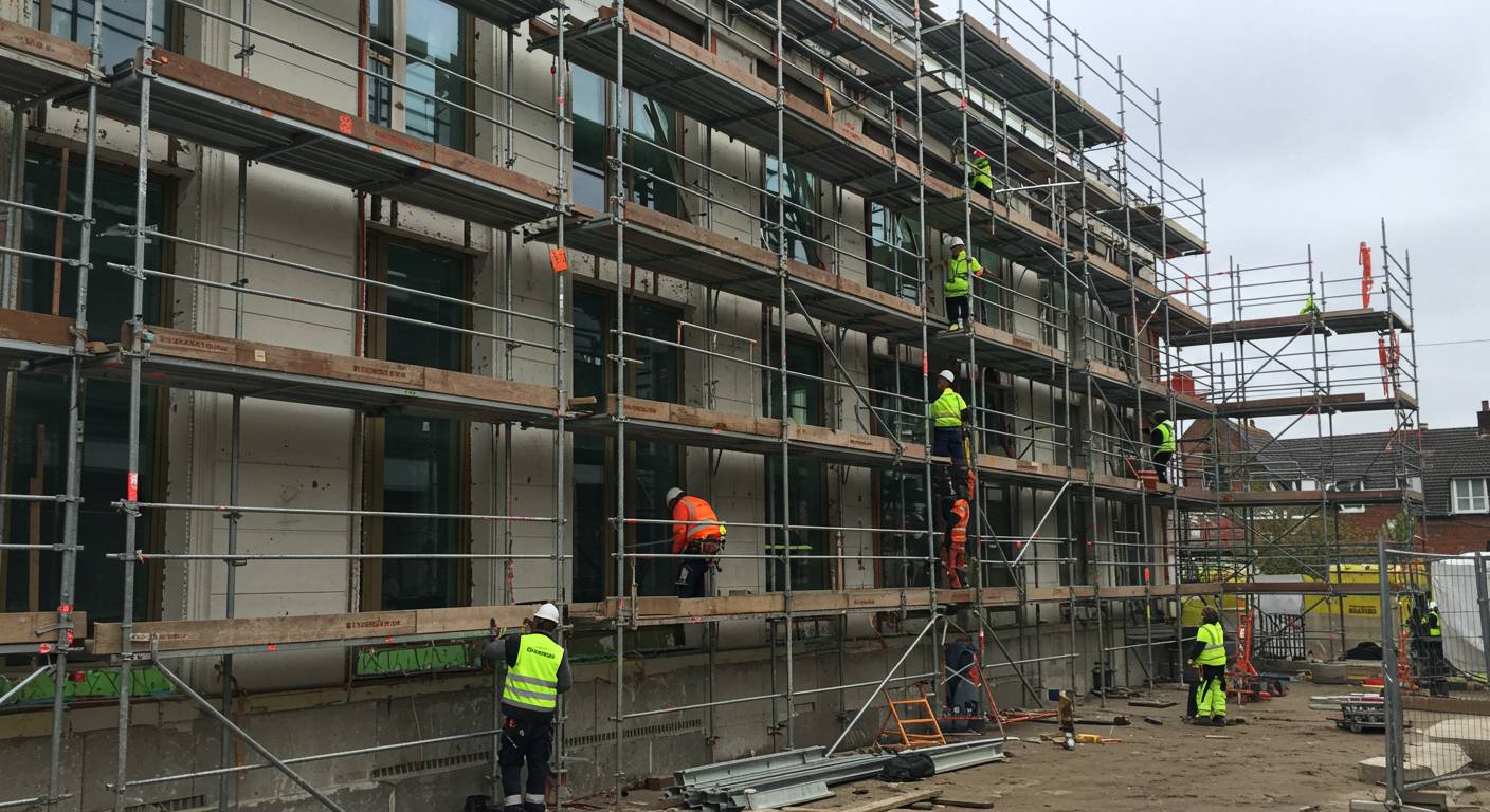 Монтаж клиновых строительных лесов для фасадных работ