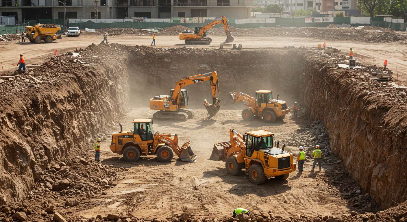 Обслуживание фронтального погрузчика на строительной площадке