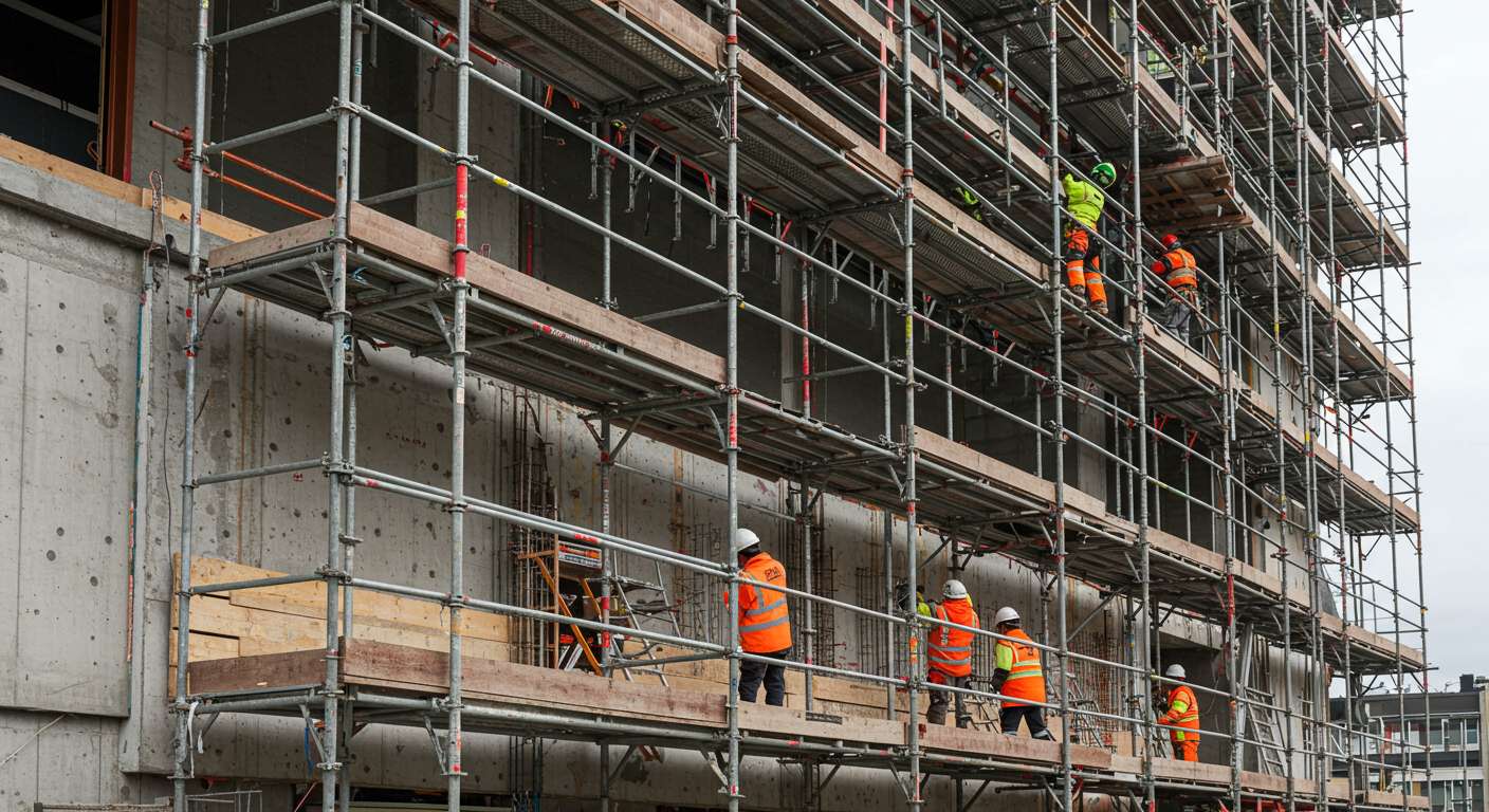 Монтаж штыревых строительных лесов для фасадных работ