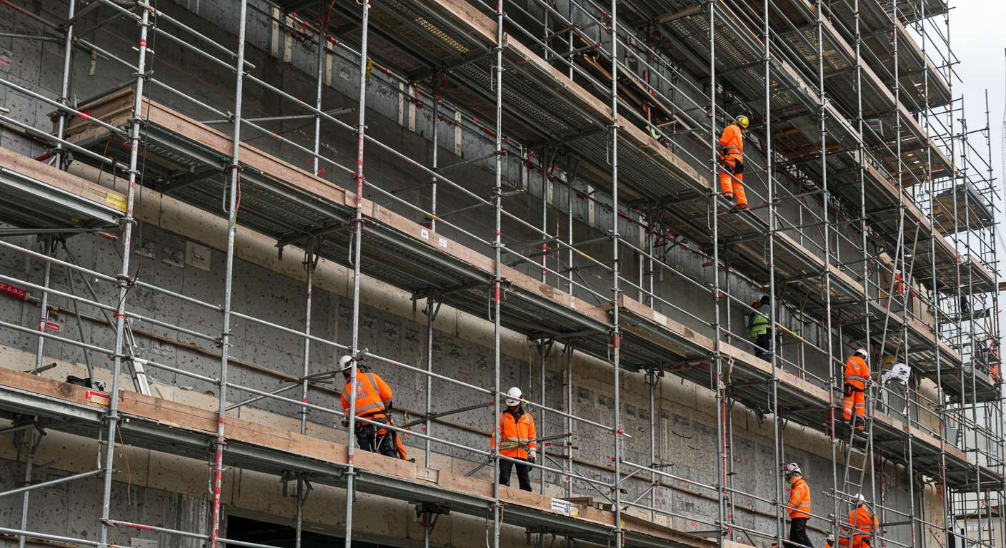 Монтаж штыревых строительных лесов для фасадных работ