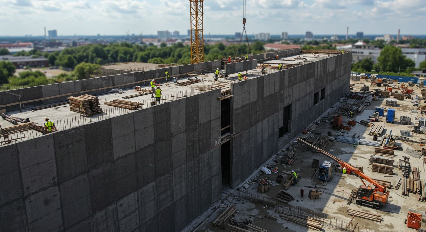 Монтаж фасадных монолитных стен на строительной площадке