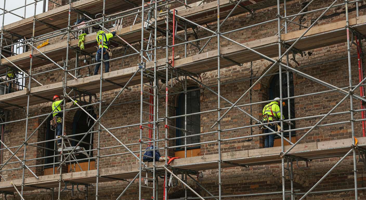 Монтаж штыревых строительных лесов для ремонта и реставрации