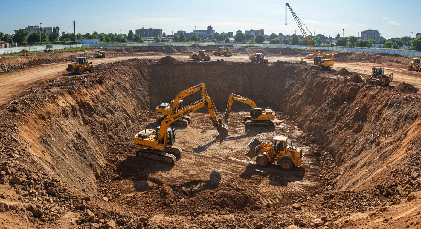 Монтаж экскаватора на строительной площадке
